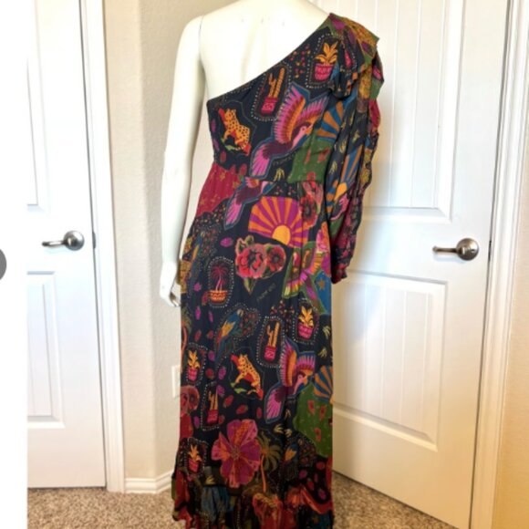 NWT Beautiful Fun Farm Rio Crazy Mix One Shoulder Midi Dress size L Ruffles - Picture 8 of 13